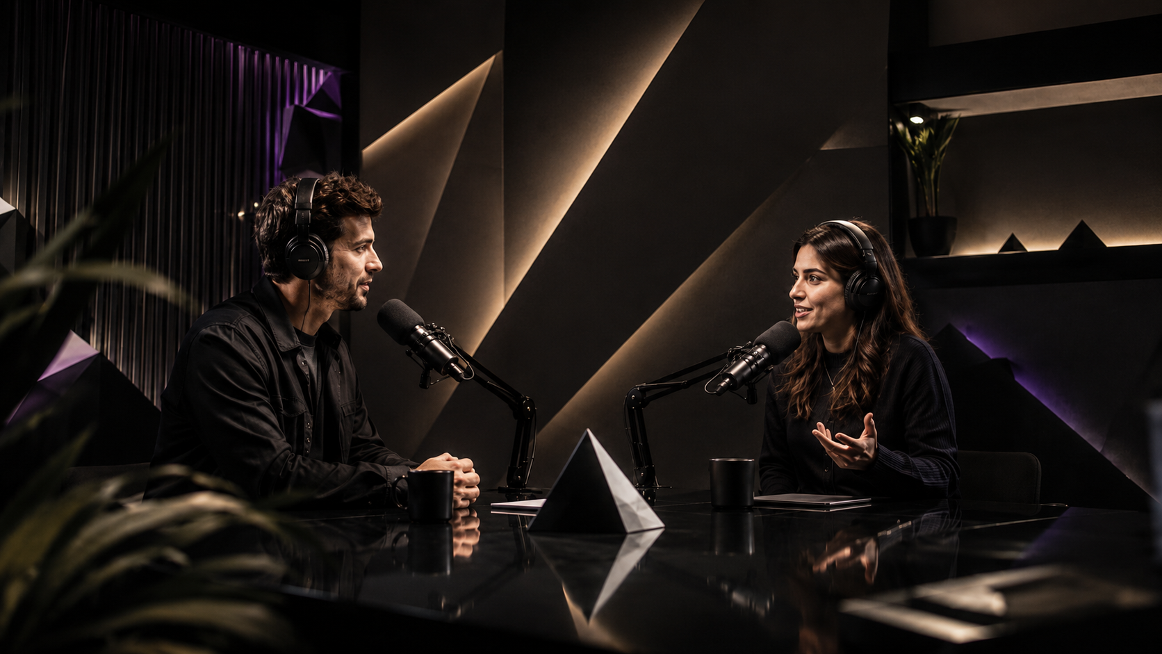 Two hosts recording a podcast episode in Obsidian's studio